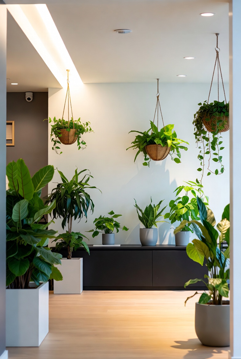 Narrow hallway with slim planters and graphic shadows