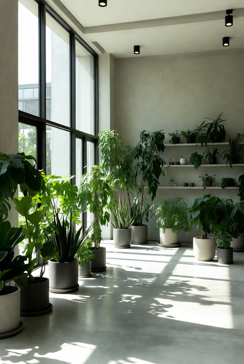 Reading chair next to a tall plant in a square concrete planter