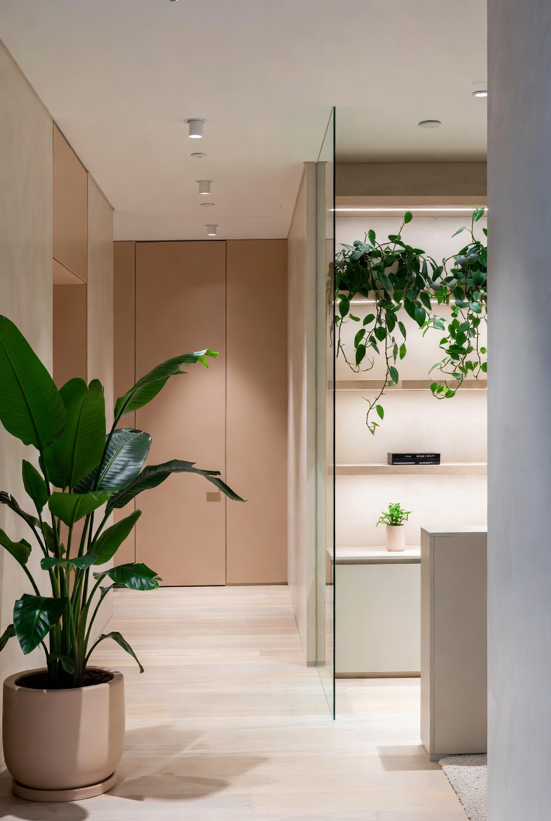 Entry shelf with a single plant and tray next to a mirror